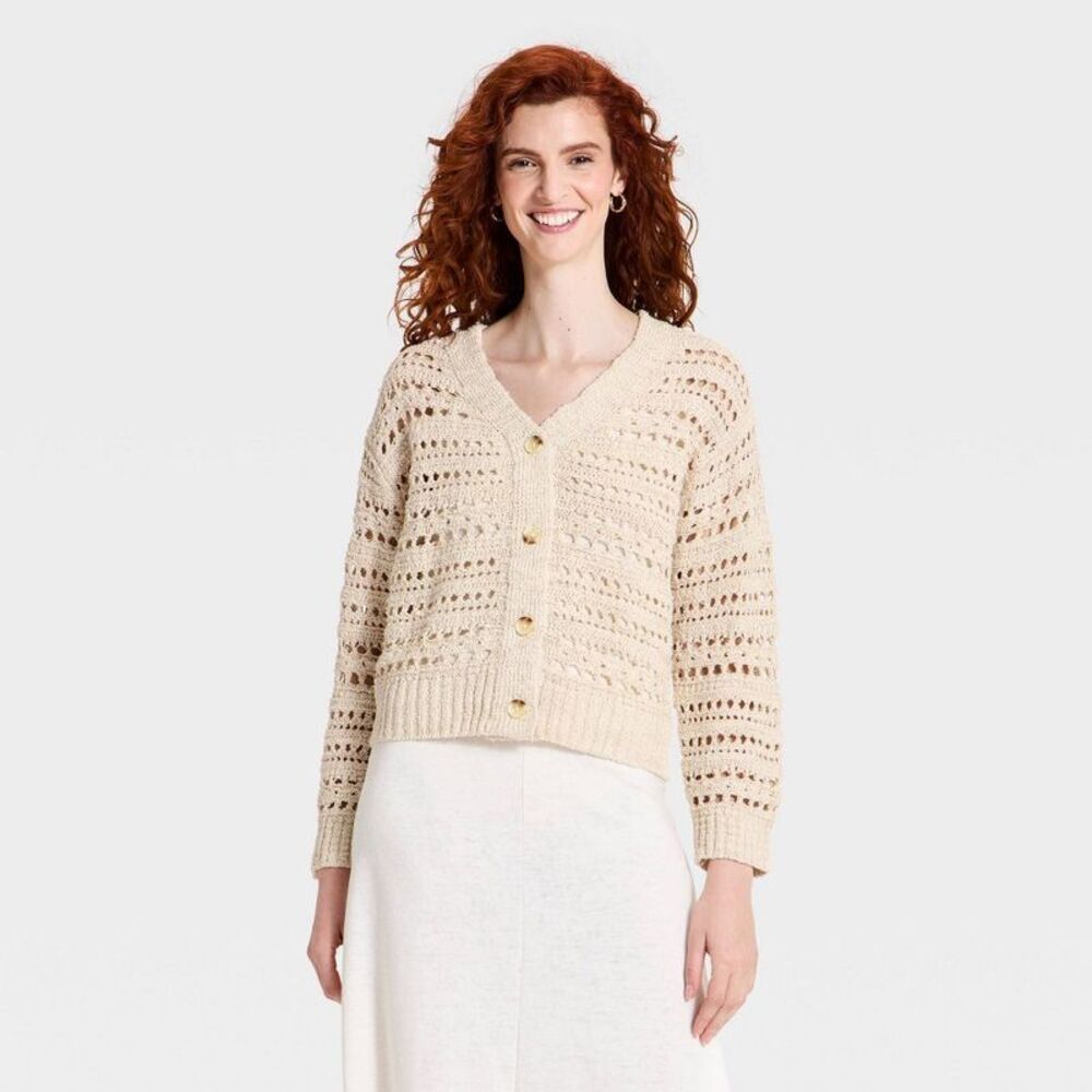 Women's Openwork Cardigan Sweater - Universal Thread Cream S